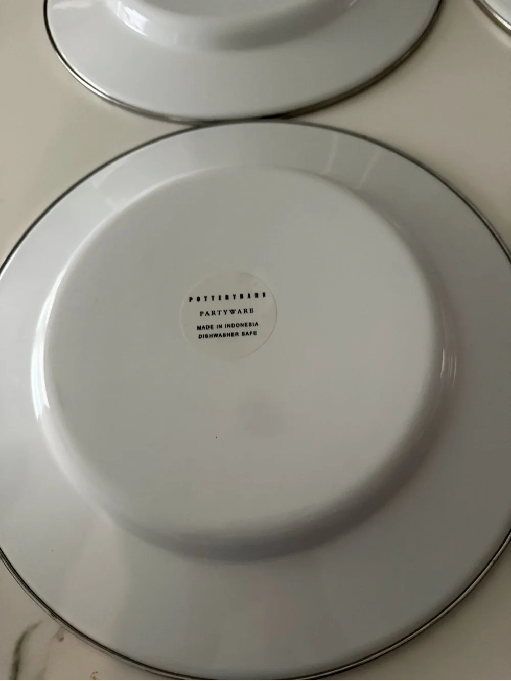 Pottery Barn White  Enamel 12” buffet dinner plate w/Silver Rim - Set of 3